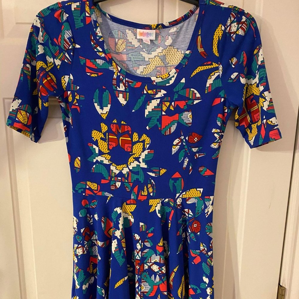 LuLaRoe Medium Blue, Yellow & White Nicole Dress